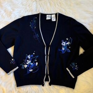 Vintage Disney Store Mickey Mouse & Minnie Musical Blue Cardigan Sweater